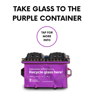 Glass recycling bin with text Take glass to the purple container. Links to more info on glass recycling