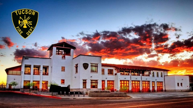 Front of Tucson Fire Department Station 1 with TFD logo