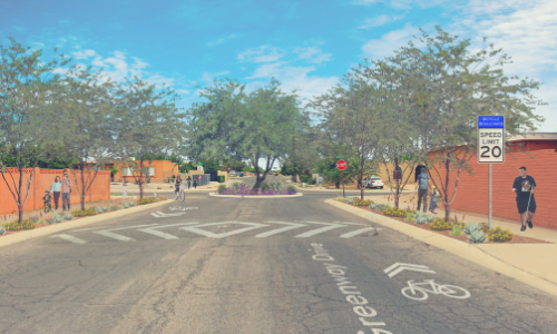 Shade trees and traffic calming features on quiet neighborhood streets