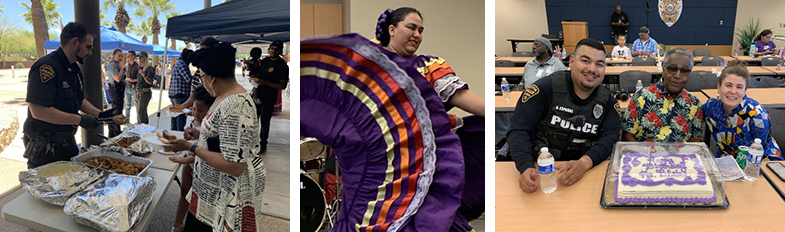 Three photos: offier at table, folklorico dancer, officers with cake.