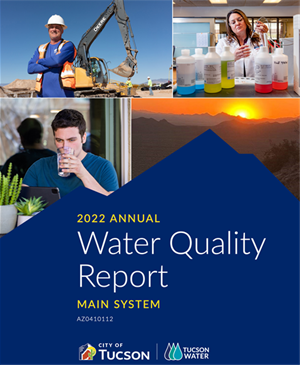 Water quality annual report cover blue background with water lab employee and water field employees in pics